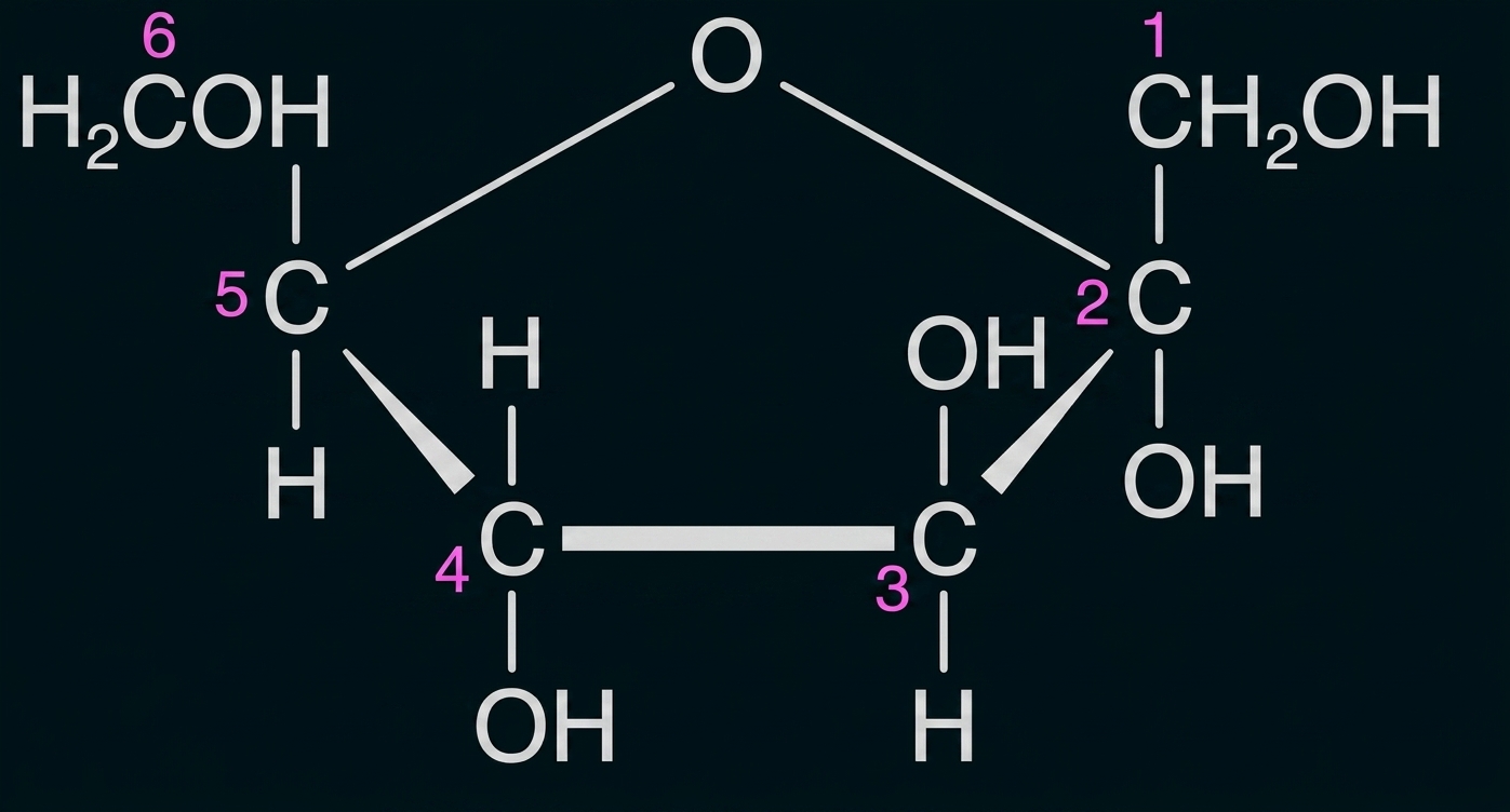 Fünfringige Zuckerstruktur mit nummerierten Kohlenstoffen, OH-Gruppen und CH2OH-Seitenketten.